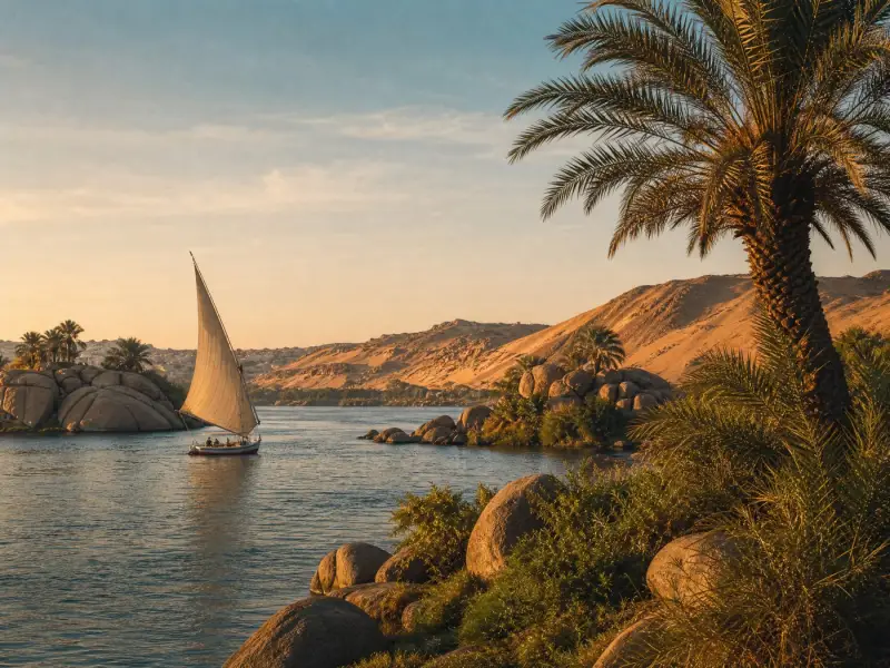 A felucca sailing past palms and granite boulders on the Nile at Aswan