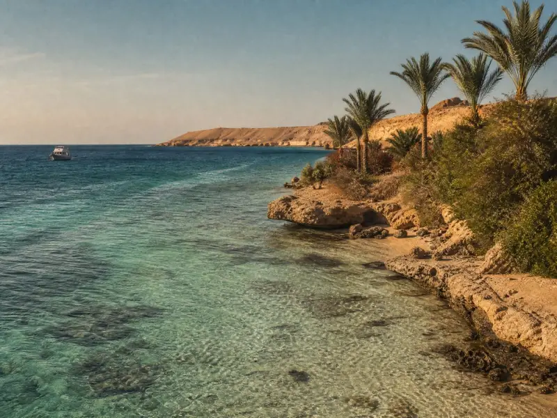 Clear turquoise water along the palm-lined Red Sea coast near Hurghada