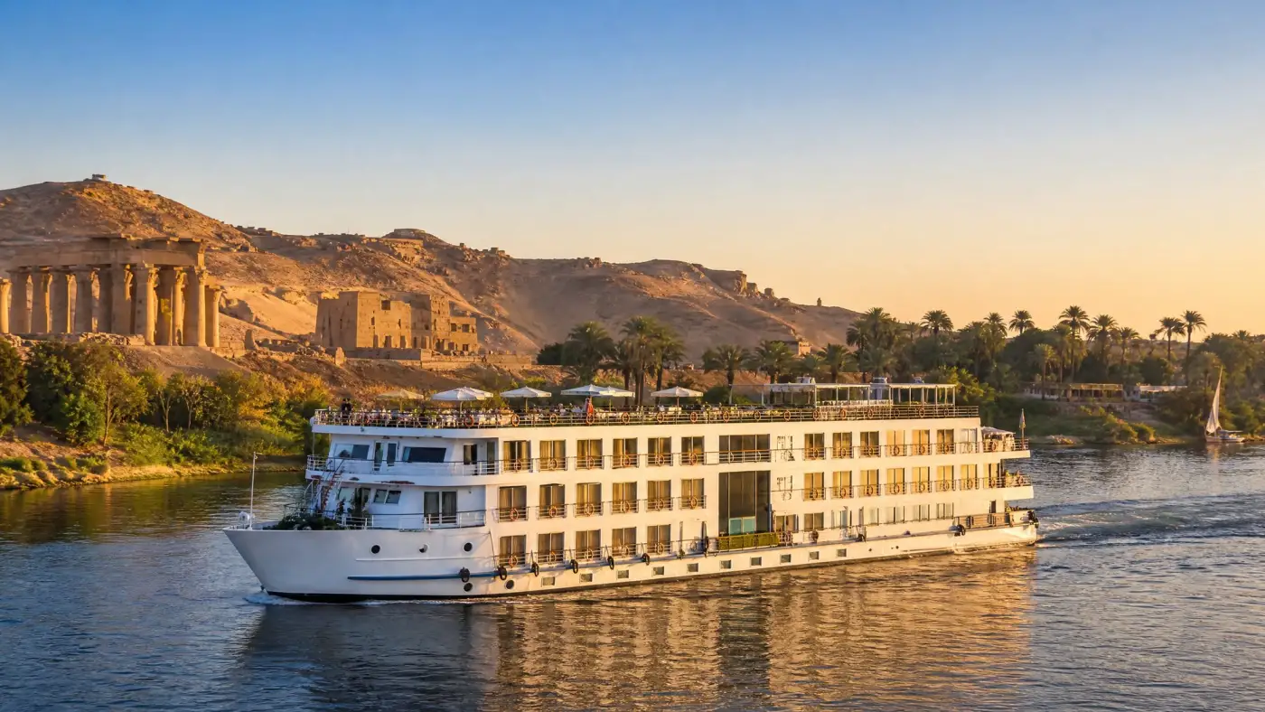 A Nile cruise ship at golden hour with an ancient temple on the west bank behind