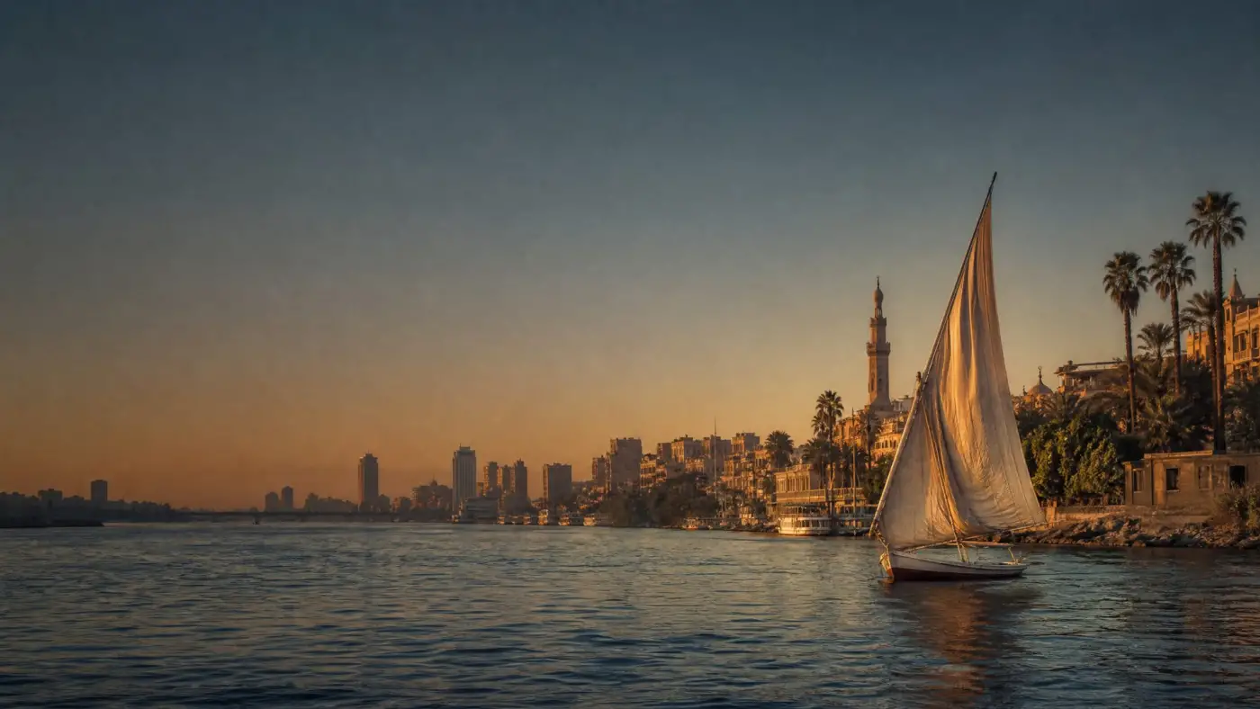 Cairo skyline at dusk from the Nile