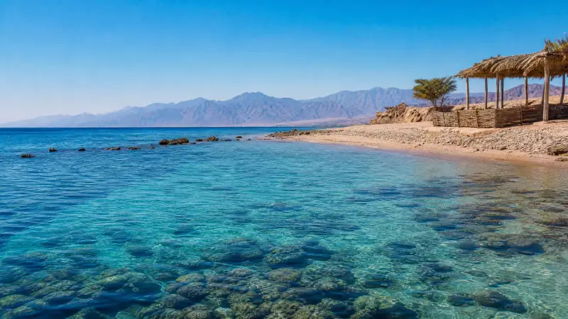 A sandy beach and clear reef water beneath the mountains of South Sinai