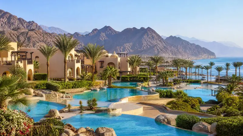 A resort pool and palms beneath the mountains of South Sinai
