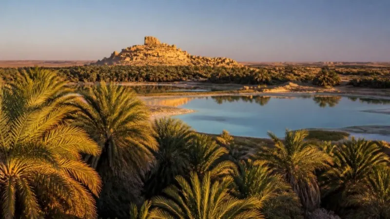 Date palms around a still salt lake in Siwa Oasis, with an old mud-brick hilltop ruin behind at sunset